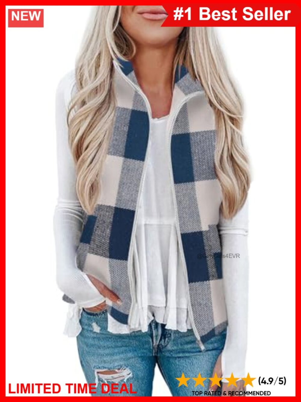 Plaid Zip Up Sleeveless Vest with Pockets